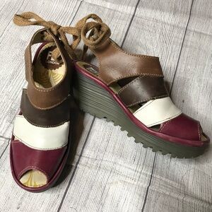 Fly London YOWN Peep Toe Back Lace Wedge Sandals Earth Tones Size 5.5-6 (36)